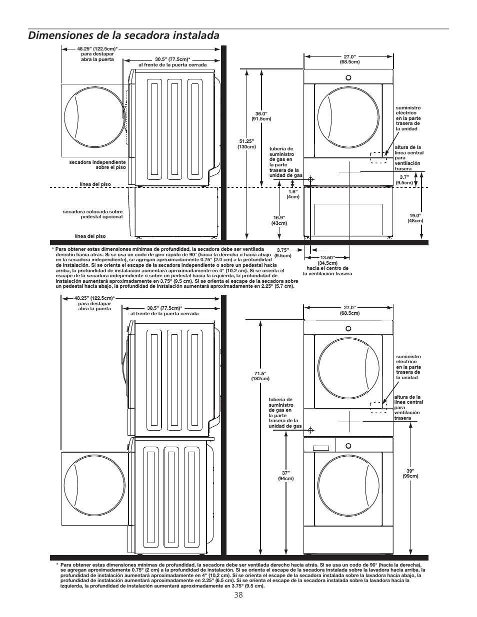 Dimensiones de la secadora instalada | FRIGIDAIRE GLGQ2170KE User Manual | Page 38 / 48