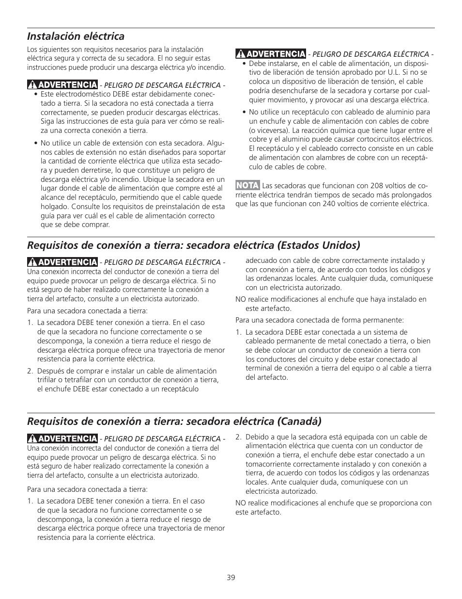 Instalación eléctrica | FRIGIDAIRE GLGQ2170KE User Manual | Page 39 / 48
