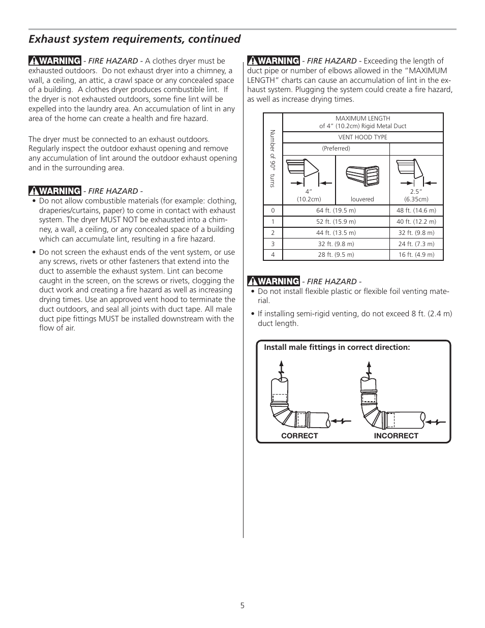 Exhaust system requirements, continued | FRIGIDAIRE GLGQ2170KE User Manual | Page 5 / 48