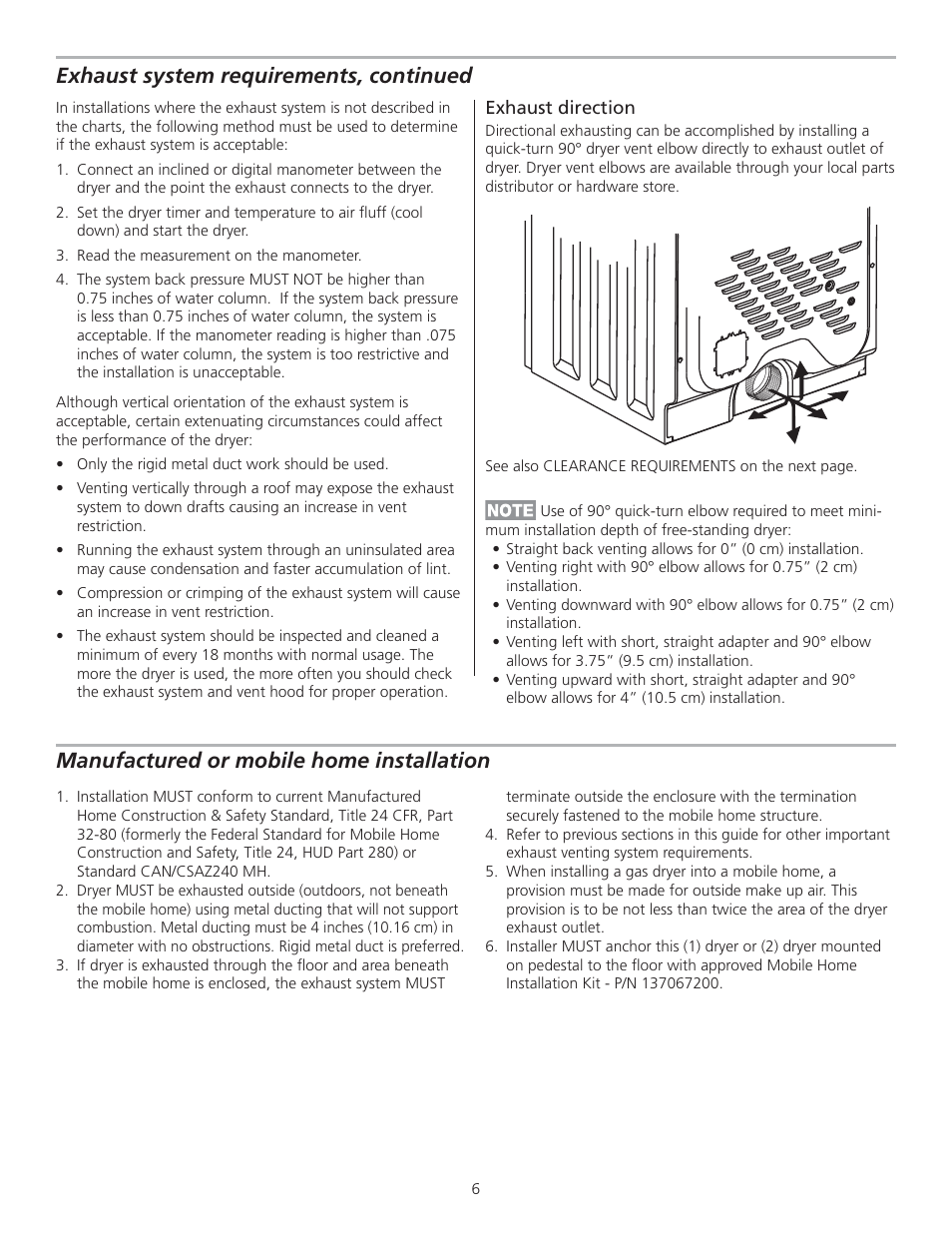 Exhaust system requirements, continued, Manufactured or mobile home installation | FRIGIDAIRE GLGQ2170KE User Manual | Page 6 / 48