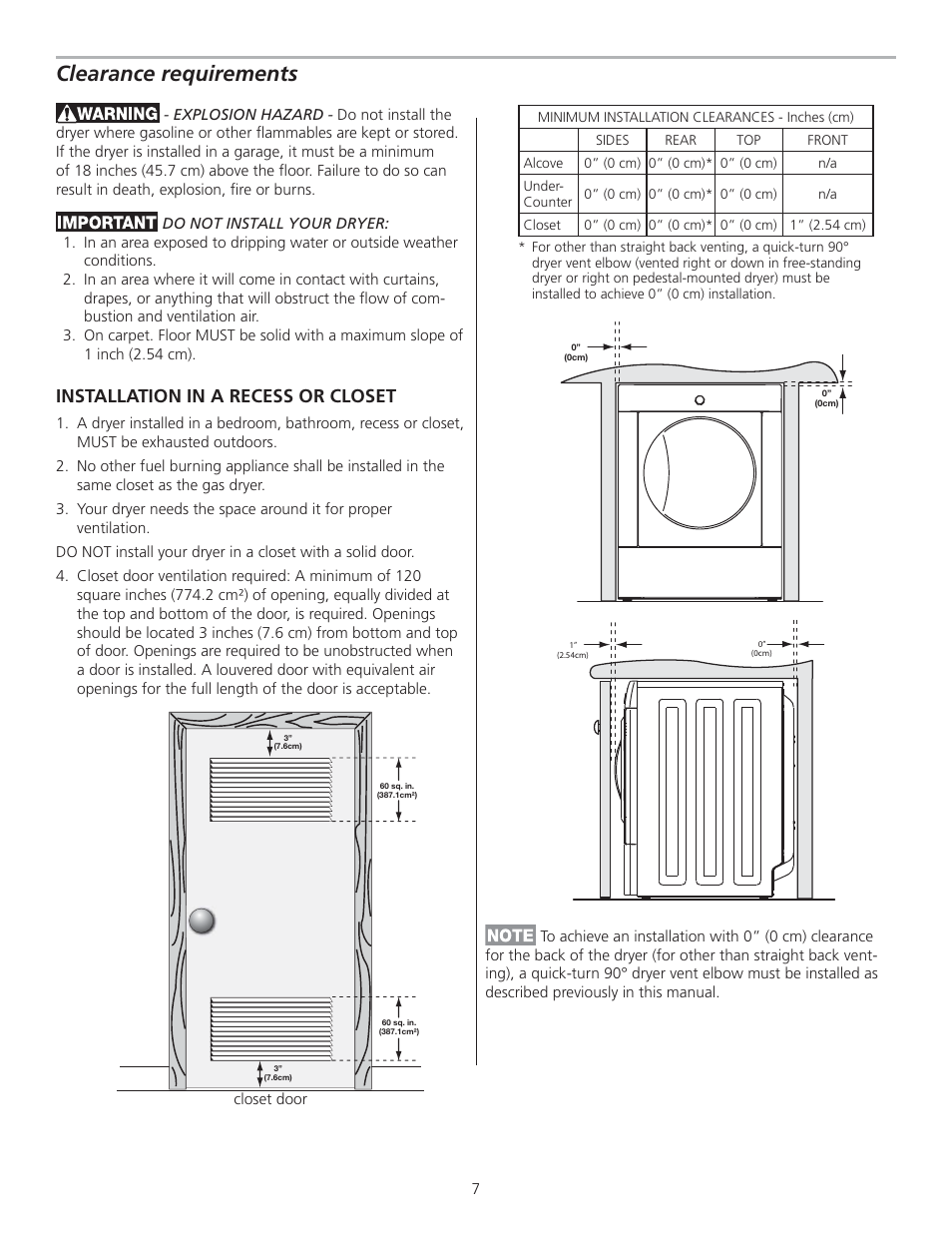 Clearance requirements, Installation in a recess or closet | FRIGIDAIRE GLGQ2170KE User Manual | Page 7 / 48