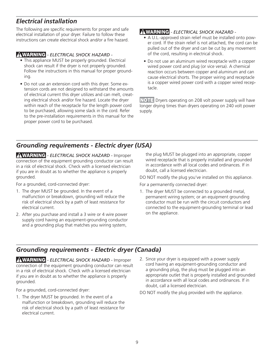 Grounding requirements - electric dryer (canada) | FRIGIDAIRE GLGQ2170KE User Manual | Page 9 / 48