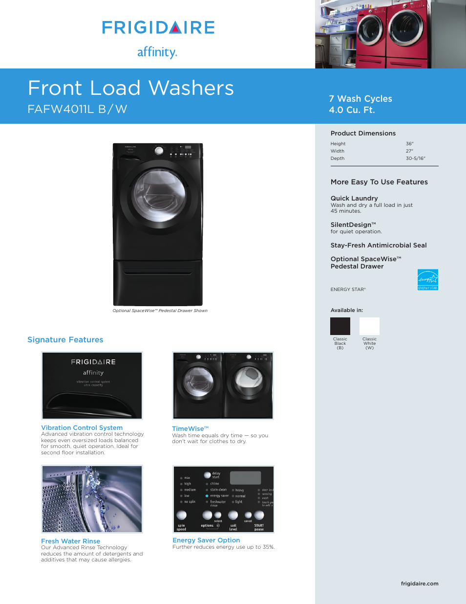 FRIGIDAIRE AFFINITY FAFW4011L B/W User Manual | 2 pages