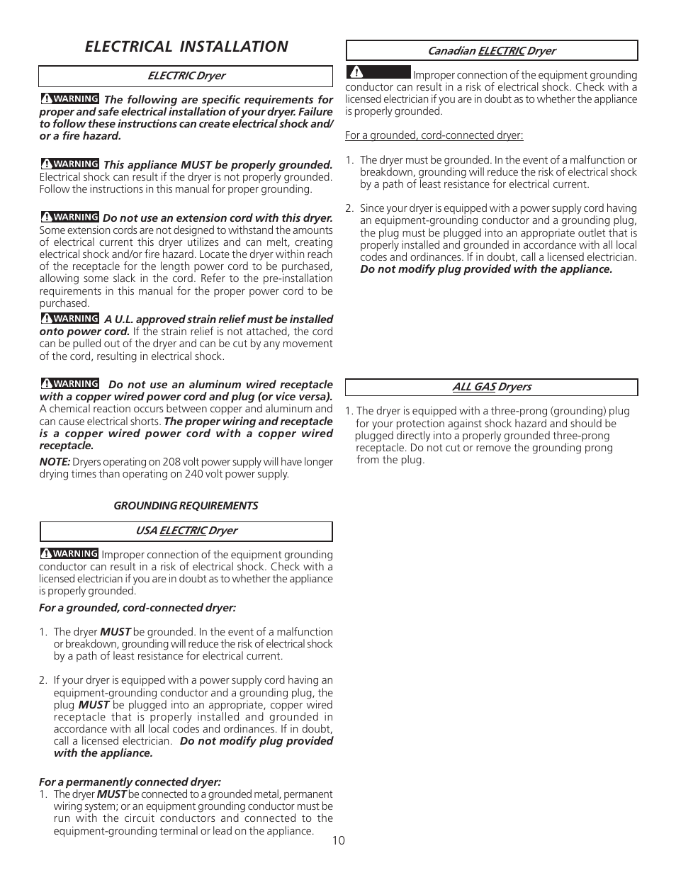 Electrical installation | FRIGIDAIRE 134940700A User Manual | Page 10 / 24