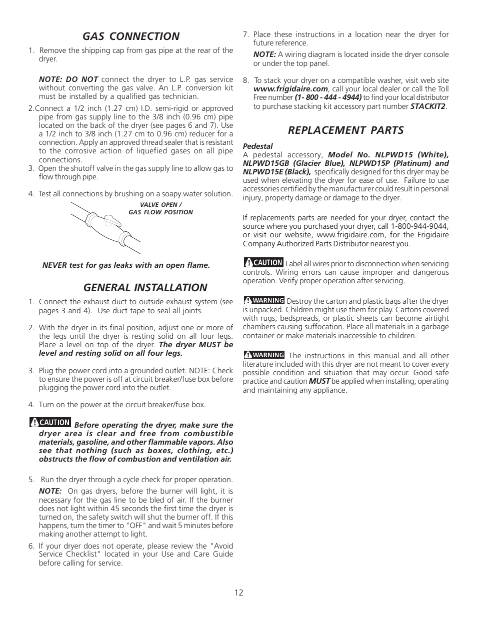 Gas connection, General installation, Replacement parts | FRIGIDAIRE 134940700A User Manual | Page 12 / 24