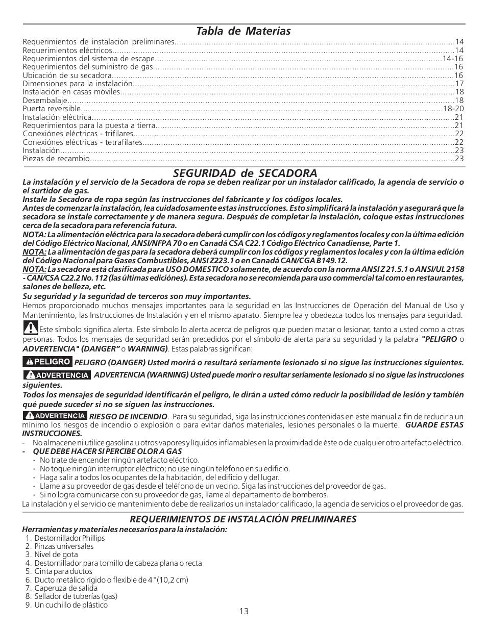 Tabla de materias, Seguridad de secadora | FRIGIDAIRE 134940700A User Manual | Page 13 / 24