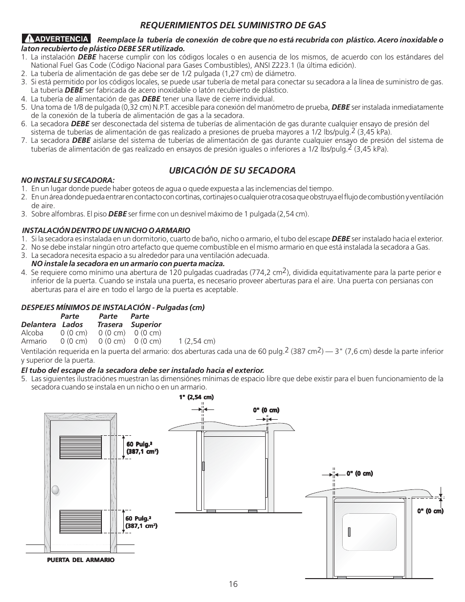 Requerimientos del suministro de gas, Ubicación de su secadora | FRIGIDAIRE 134940700A User Manual | Page 16 / 24