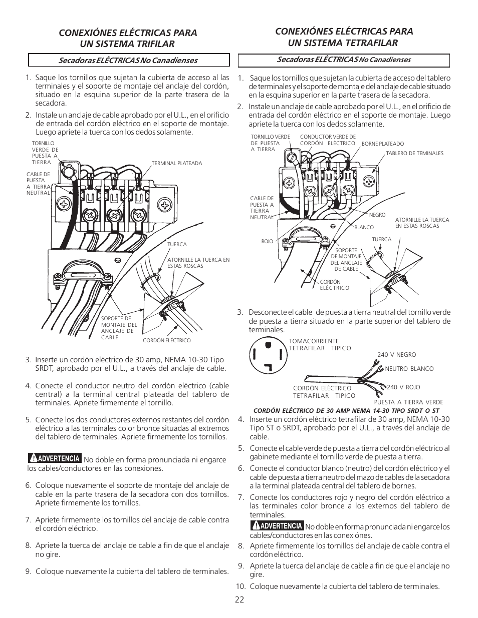 Conexiónes eléctricas para un sistema tetrafilar, Conexiónes eléctricas para un sistema trifilar | FRIGIDAIRE 134940700A User Manual | Page 22 / 24