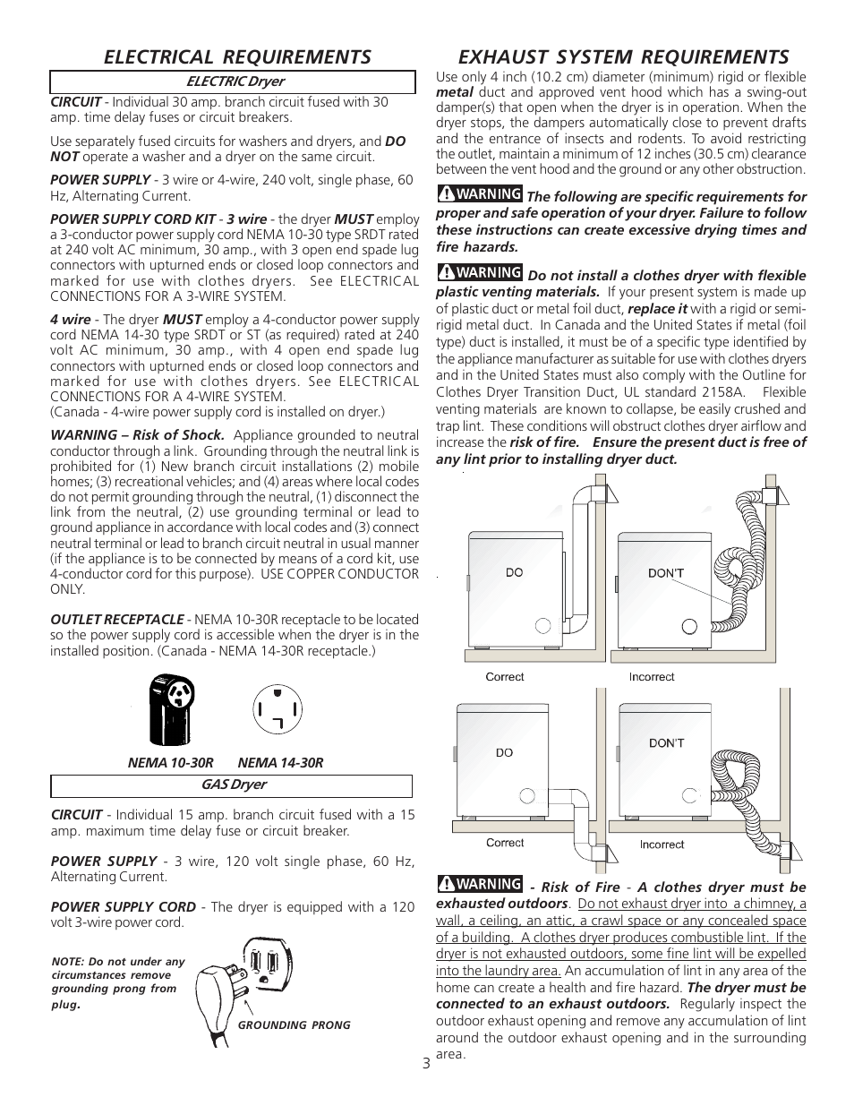 Electrical requirements, Exhaust system requirements | FRIGIDAIRE 134940700A User Manual | Page 3 / 24