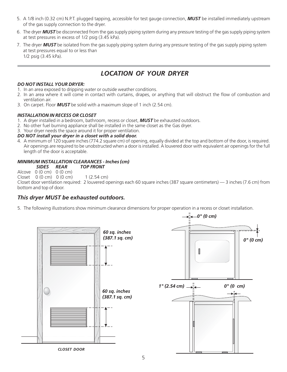 Location of your dryer | FRIGIDAIRE 134940700A User Manual | Page 5 / 24