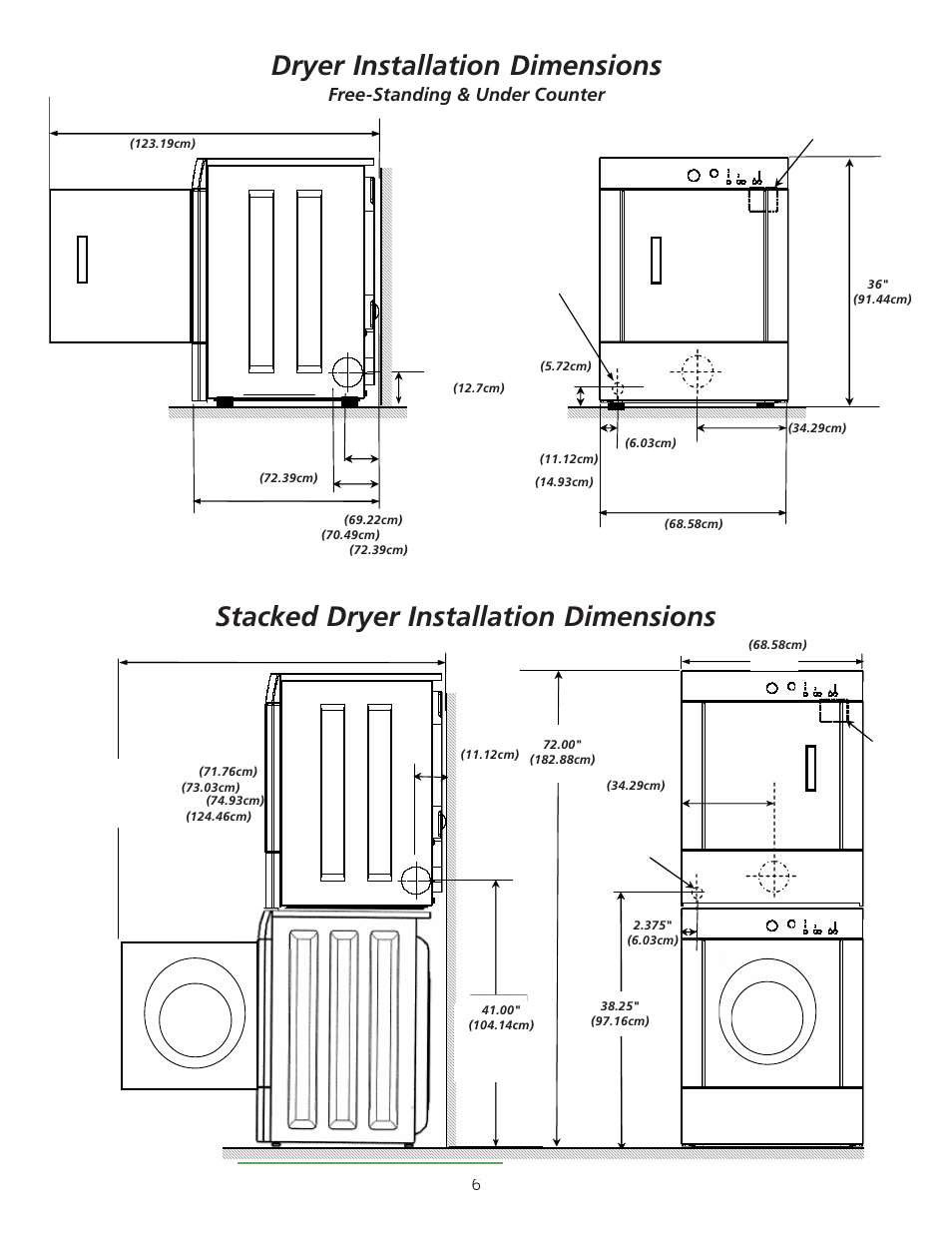 Dryer installation dimensions, Stacked dryer installation dimensions, Free-standing & under counter | FRIGIDAIRE 134940700A User Manual | Page 6 / 24