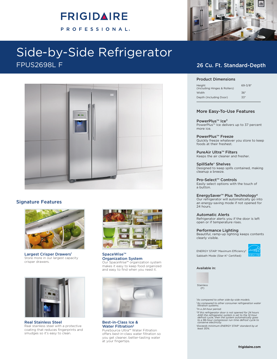 FRIGIDAIRE SIDE-BY-SIDE FPUS2698L F User Manual | 2 pages