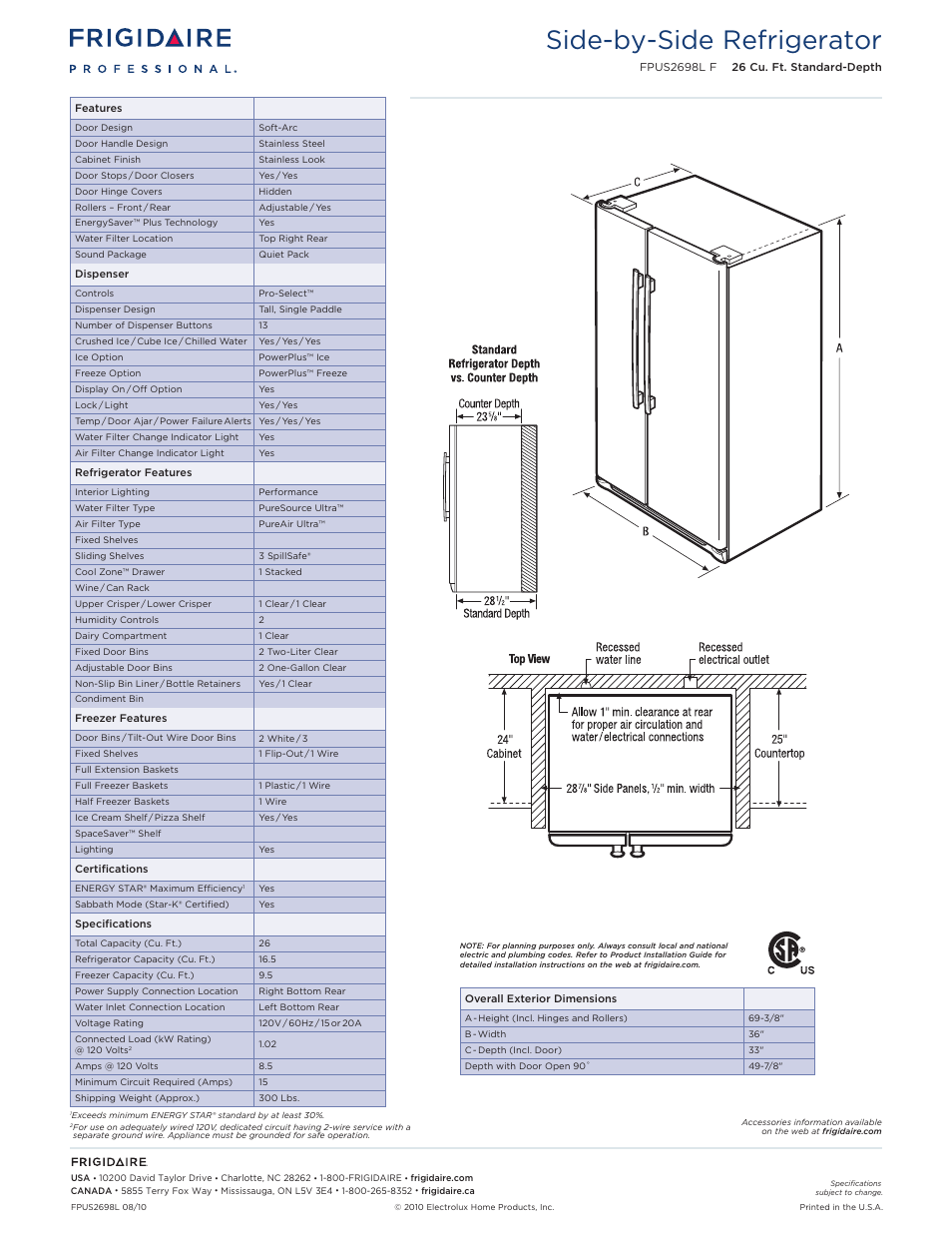 Side-by-side refrigerator | FRIGIDAIRE SIDE-BY-SIDE FPUS2698L F User Manual | Page 2 / 2