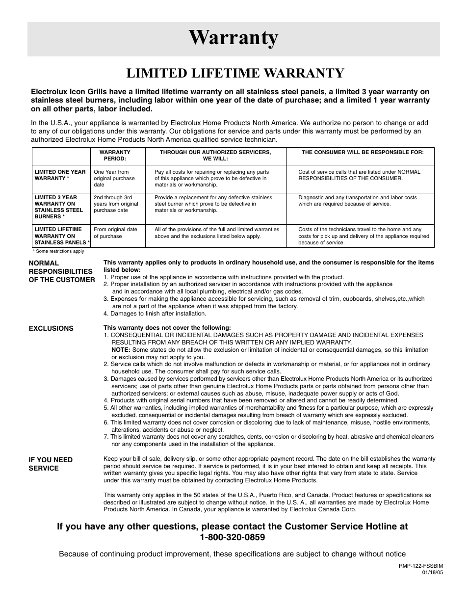 Warranty, Limited lifetime warranty | FRIGIDAIRE Side Burner User Manual | Page 11 / 11