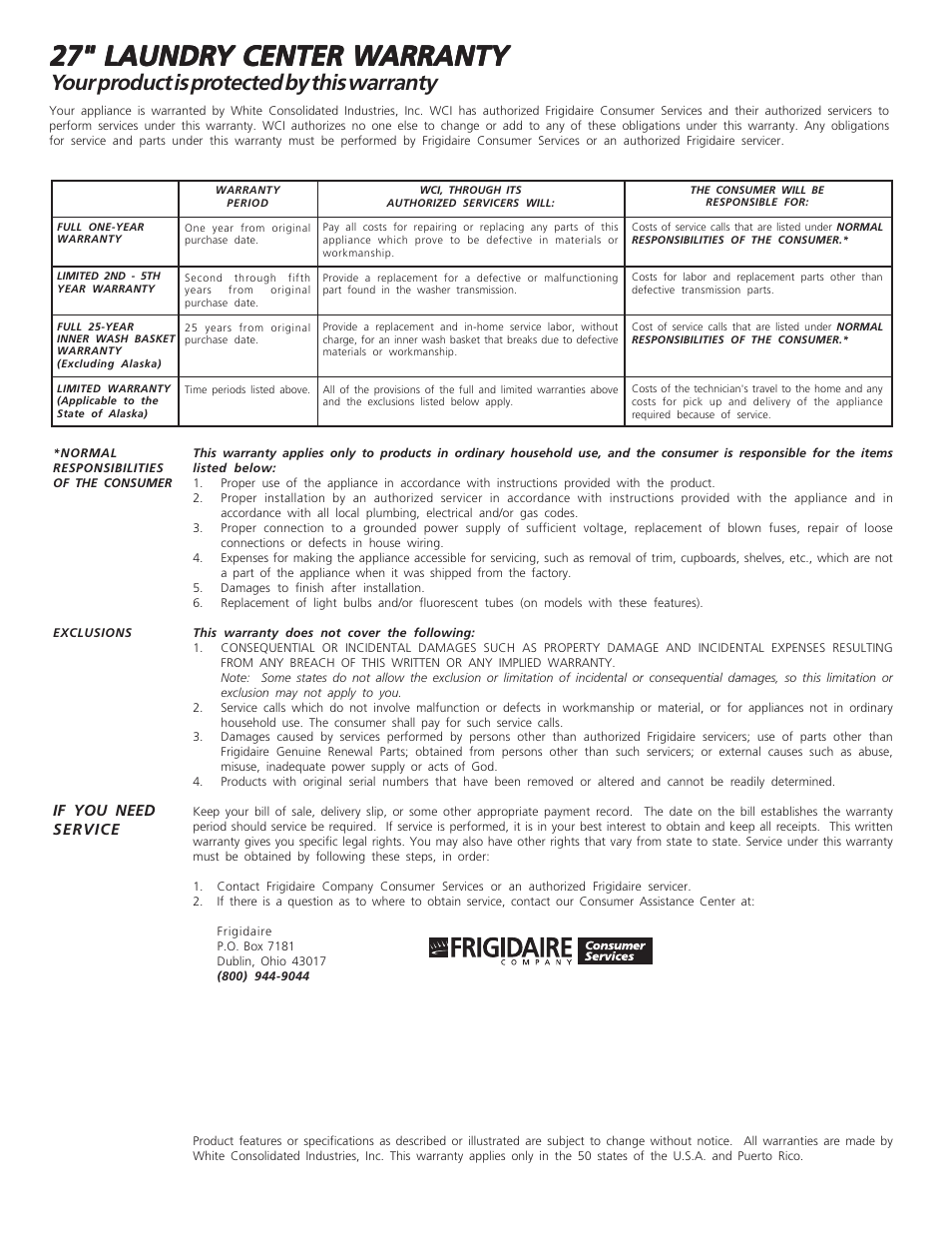 27" laundr, Your product is protected by this warranty | FRIGIDAIRE WCI Series User Manual | Page 16 / 16