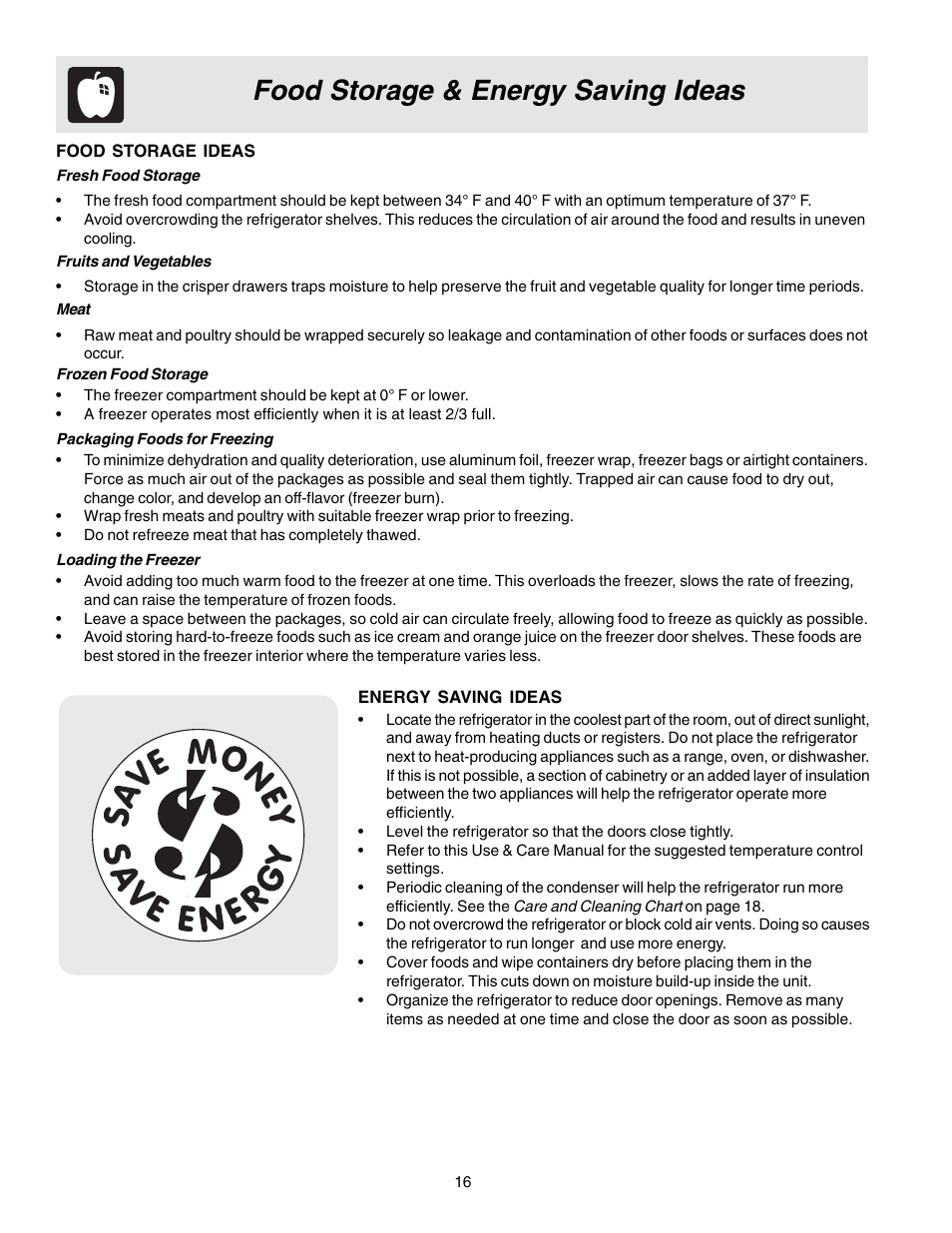 Food storage & energy saving ideas | FRIGIDAIRE 240400107 User Manual | Page 16 / 21
