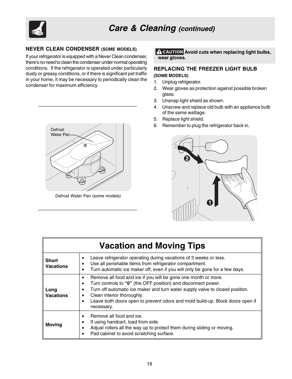 Care & cleaning, Vacation and moving tips, Continued) | FRIGIDAIRE 240400107 User Manual | Page 19 / 21