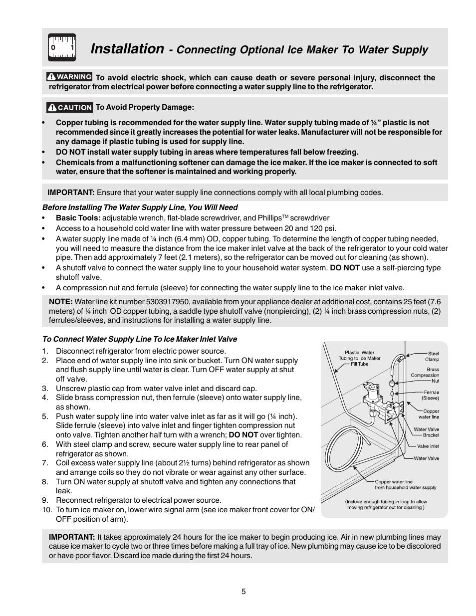 Installation, Connecting optional ice maker to water supply | FRIGIDAIRE 240400107 User Manual | Page 5 / 21