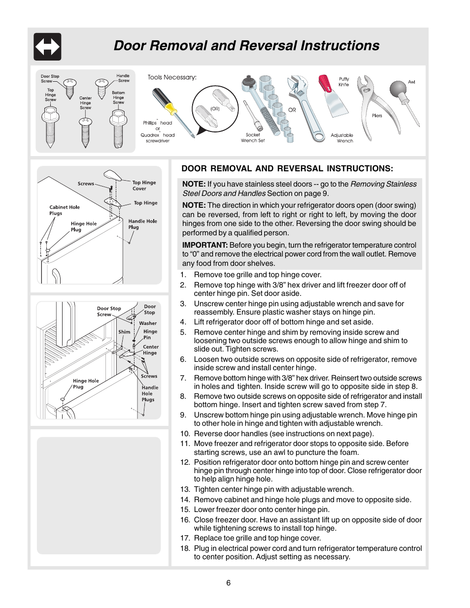 Door removal and reversal instructions | FRIGIDAIRE 240400107 User Manual | Page 6 / 21