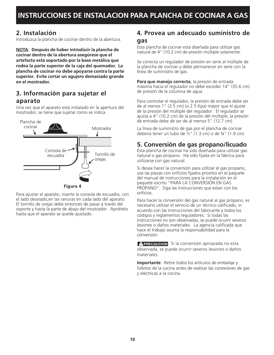 Provea un adecuado suministro de gas, Conversión de gas propano/licuado, Instalación | Información para sujetar el aparato | FRIGIDAIRE 318201451 User Manual | Page 10 / 20