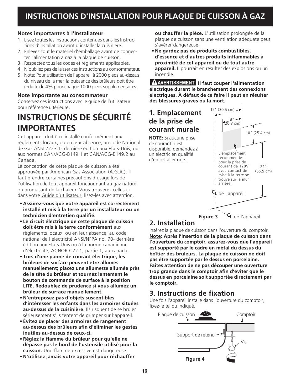 Instructions de sécurité importantes, Installation, Instructions de fixation | Emplacement de la prise de courant murale | FRIGIDAIRE 318201451 User Manual | Page 16 / 20