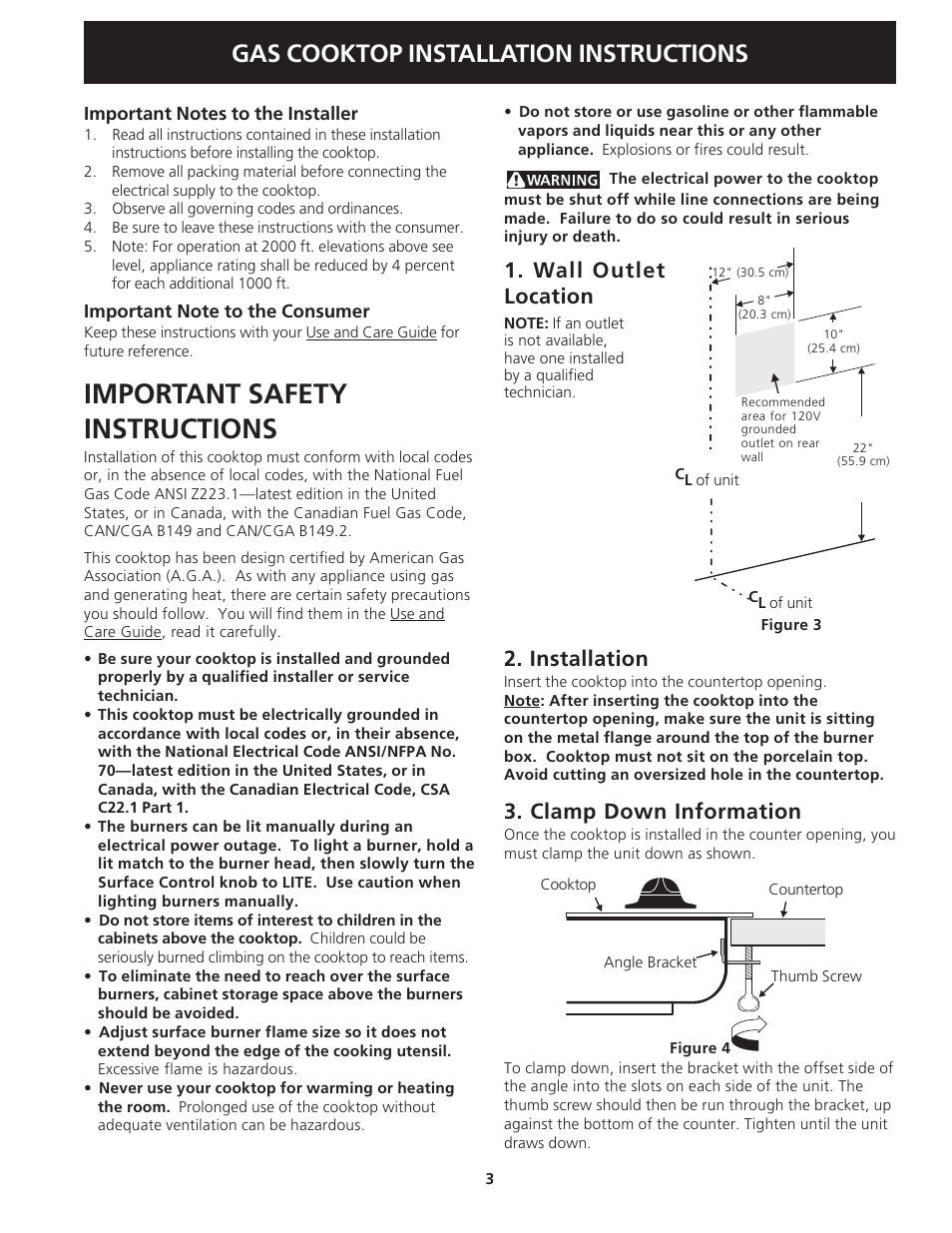 Important safety instructions, Gas cooktop installation instructions, Wall outlet location 2. installation | Clamp down information | FRIGIDAIRE 318201451 User Manual | Page 3 / 20