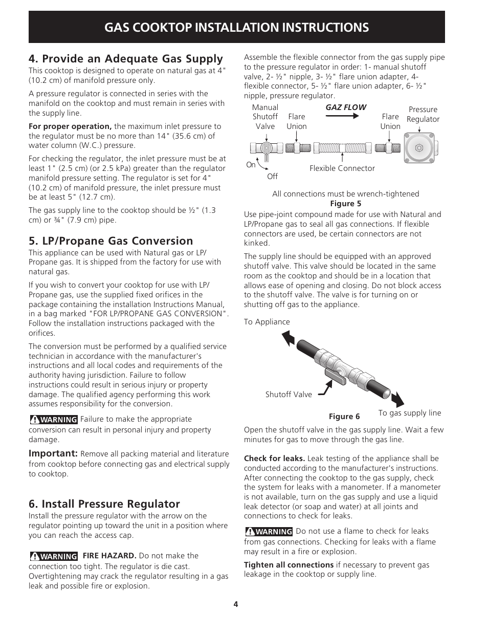 Gas cooktop installation instructions, Provide an adequate gas supply, Lp/propane gas conversion | Install pressure regulator | FRIGIDAIRE 318201451 User Manual | Page 4 / 20