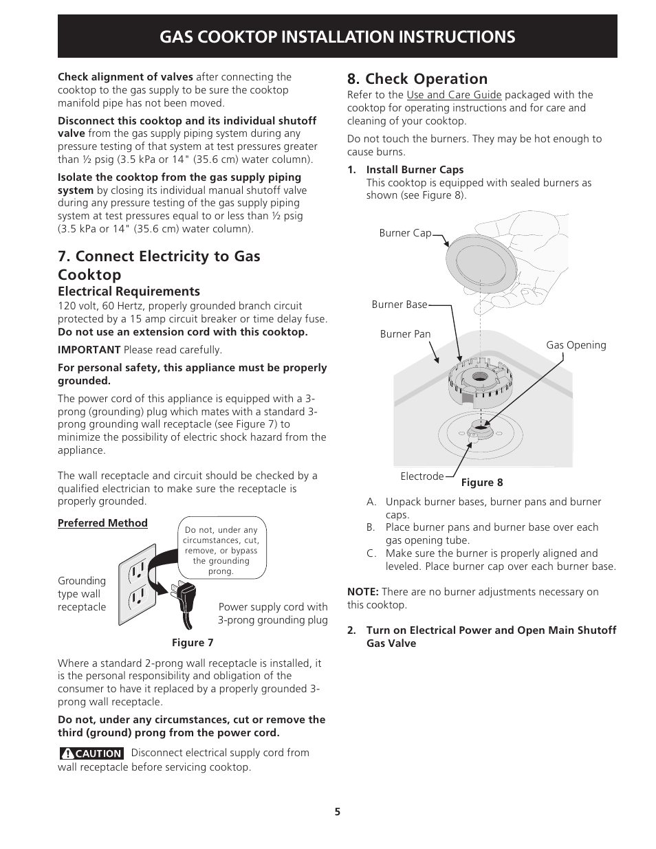 Gas cooktop installation instructions, Connect electricity to gas cooktop, Check operation | FRIGIDAIRE 318201451 User Manual | Page 5 / 20