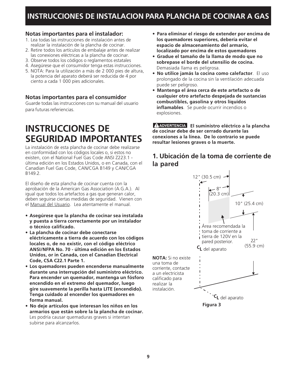 Instrucciones de seguridad importantes, Ubicación de la toma de corriente de la pared | FRIGIDAIRE 318201451 User Manual | Page 9 / 20