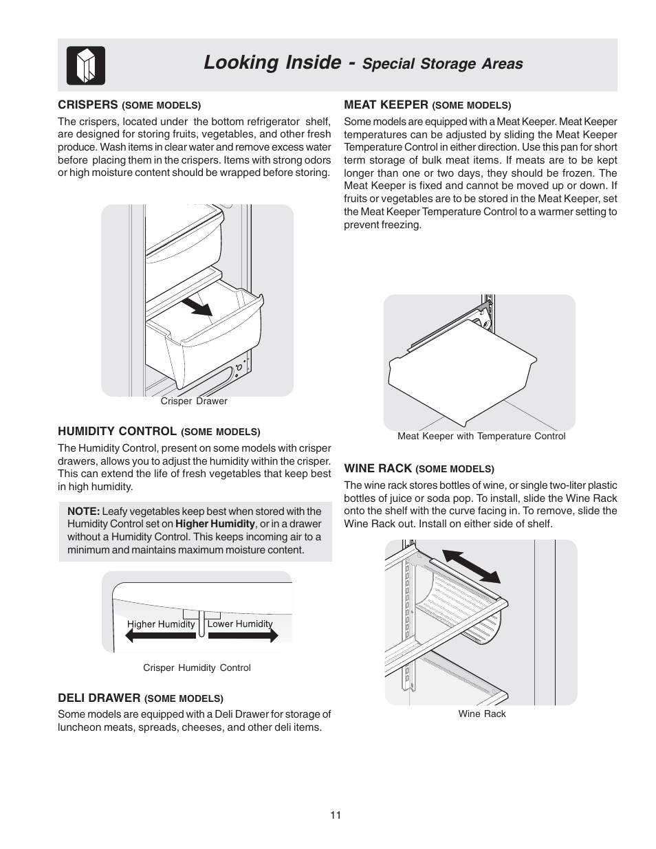 Looking inside, Special storage areas | FRIGIDAIRE 240389309 User Manual | Page 11 / 25