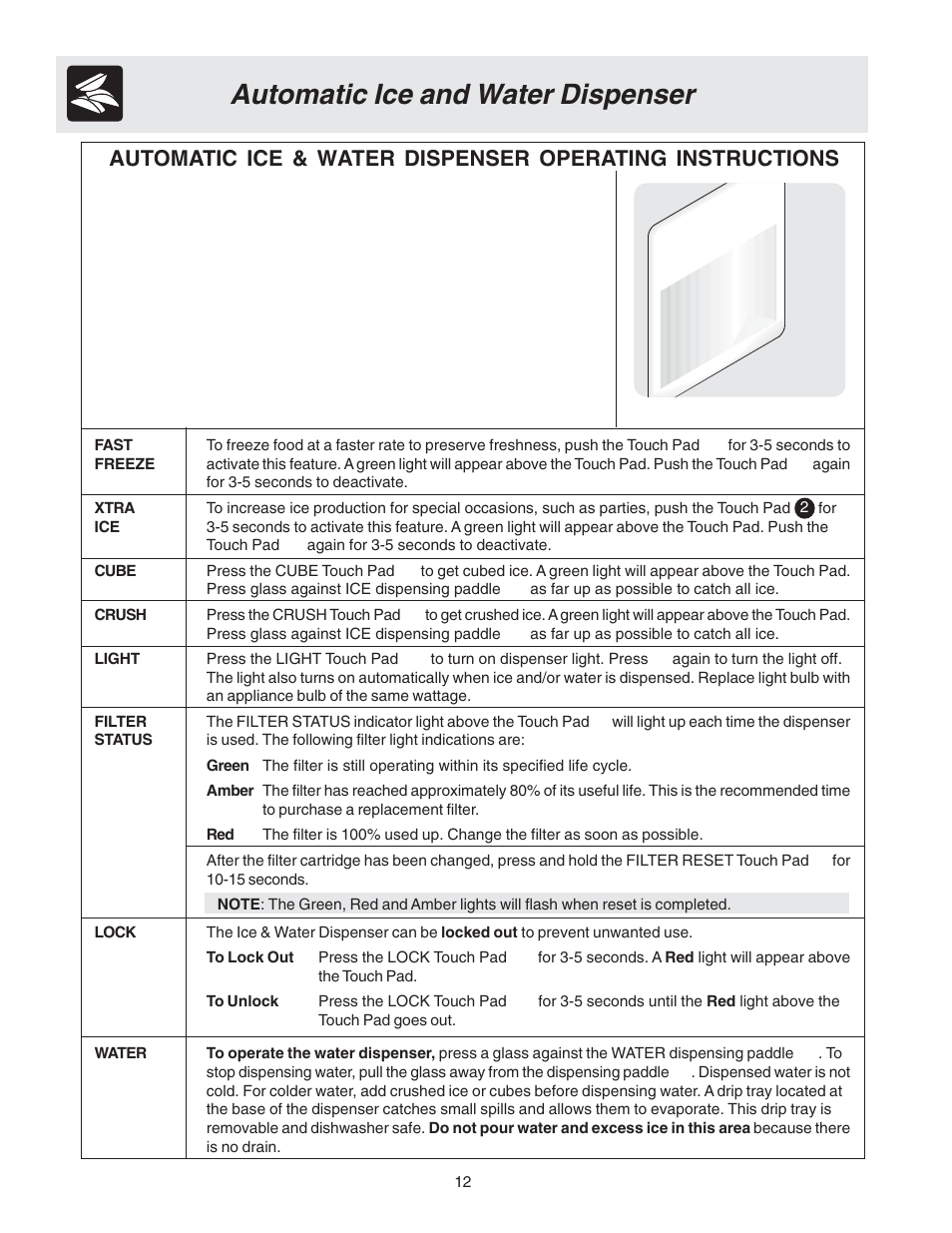 Automatic ice and water dispenser | FRIGIDAIRE 240389309 User Manual | Page 12 / 25