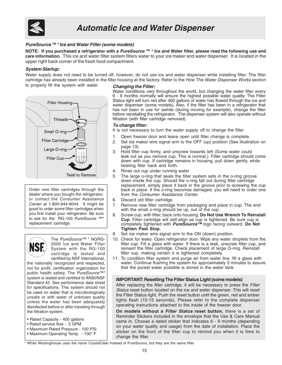 Automatic ice and water dispenser | FRIGIDAIRE 240389309 User Manual | Page 15 / 25