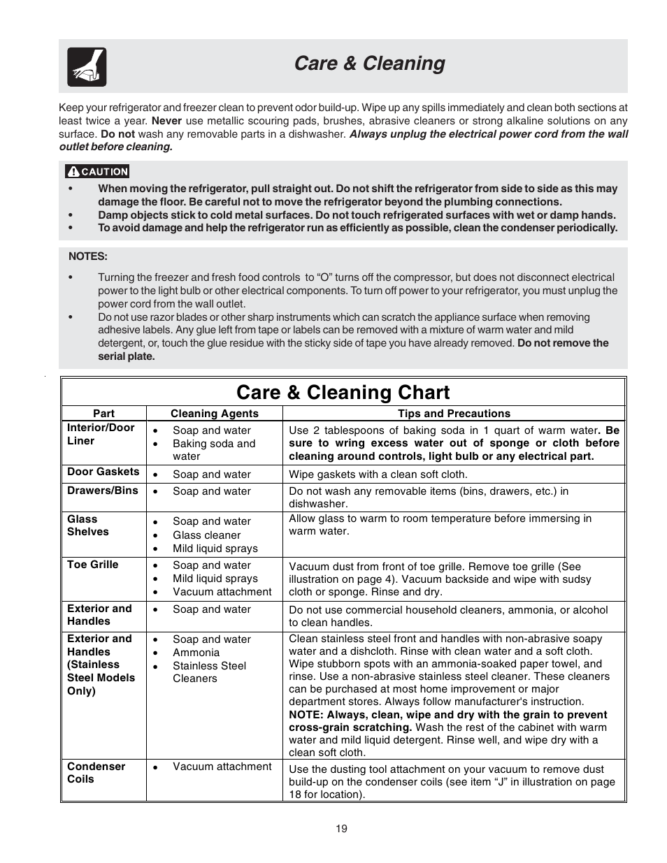 Care & cleaning, Care & cleaning chart | FRIGIDAIRE 240389309 User Manual | Page 19 / 25