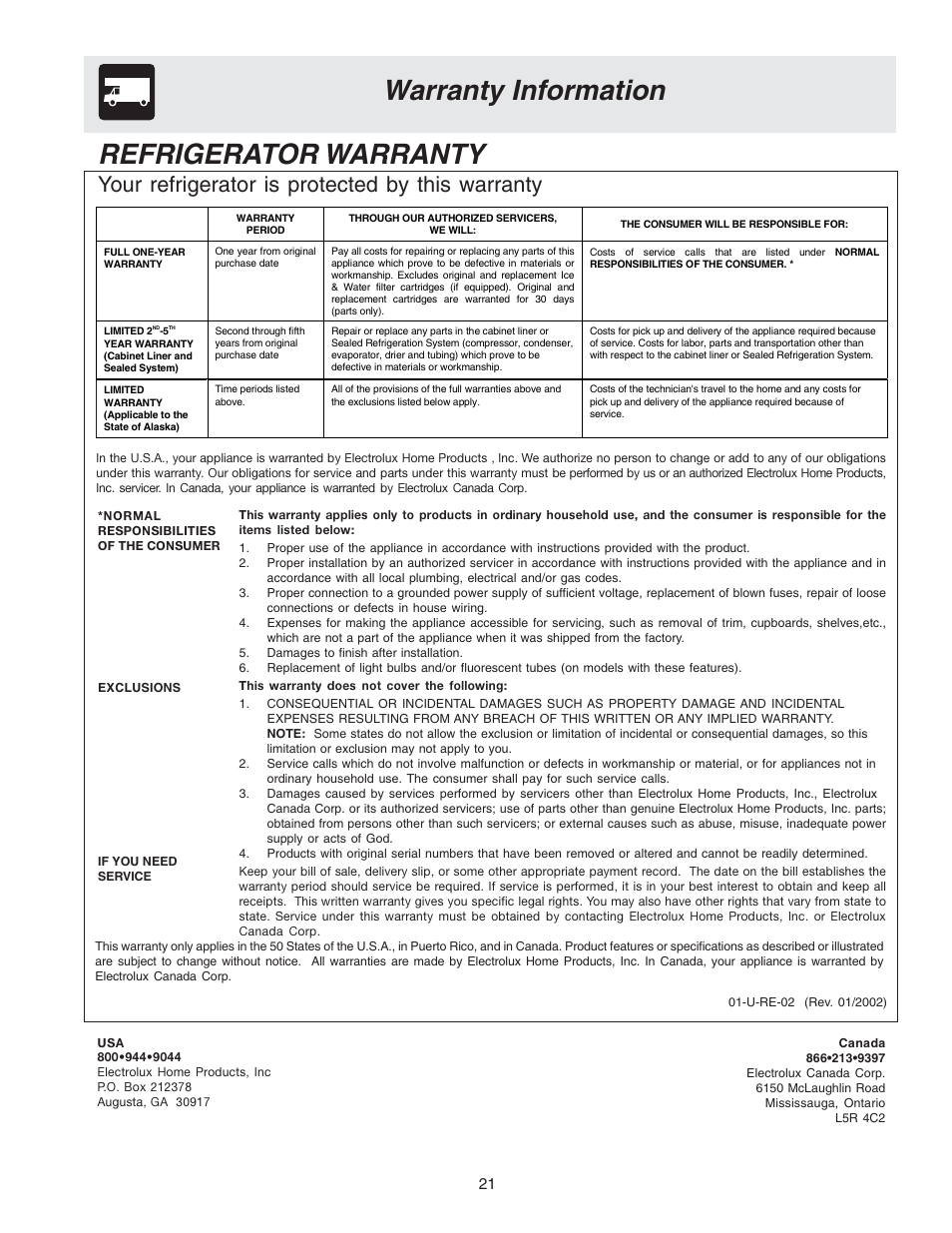 Warranty information refrigerator warranty, Your refrigerator is protected by this warranty | FRIGIDAIRE 240389309 User Manual | Page 21 / 25