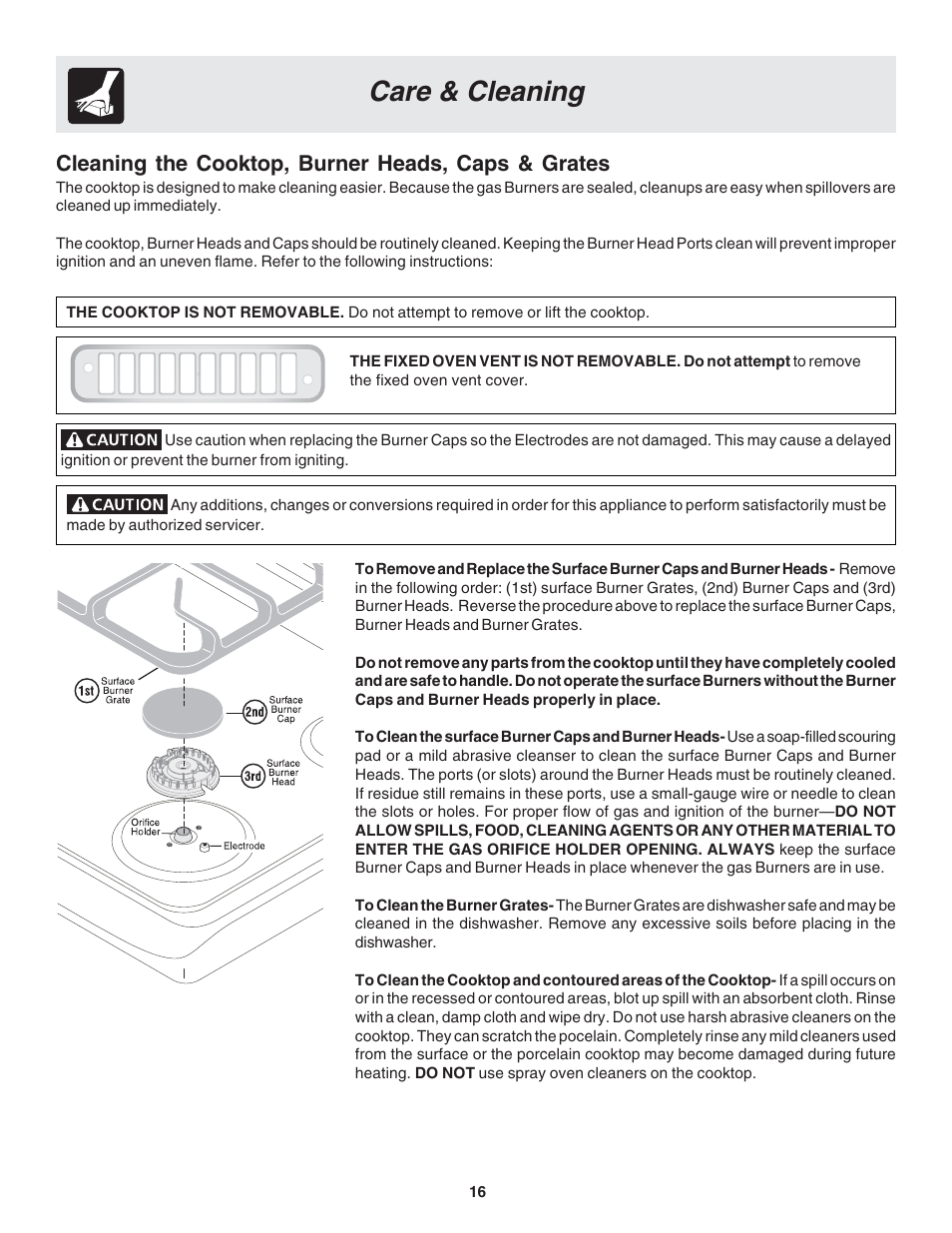 Care & cleaning, Cleaning the cooktop, burner heads, caps & grates | FRIGIDAIRE 318203873 User Manual | Page 16 / 22