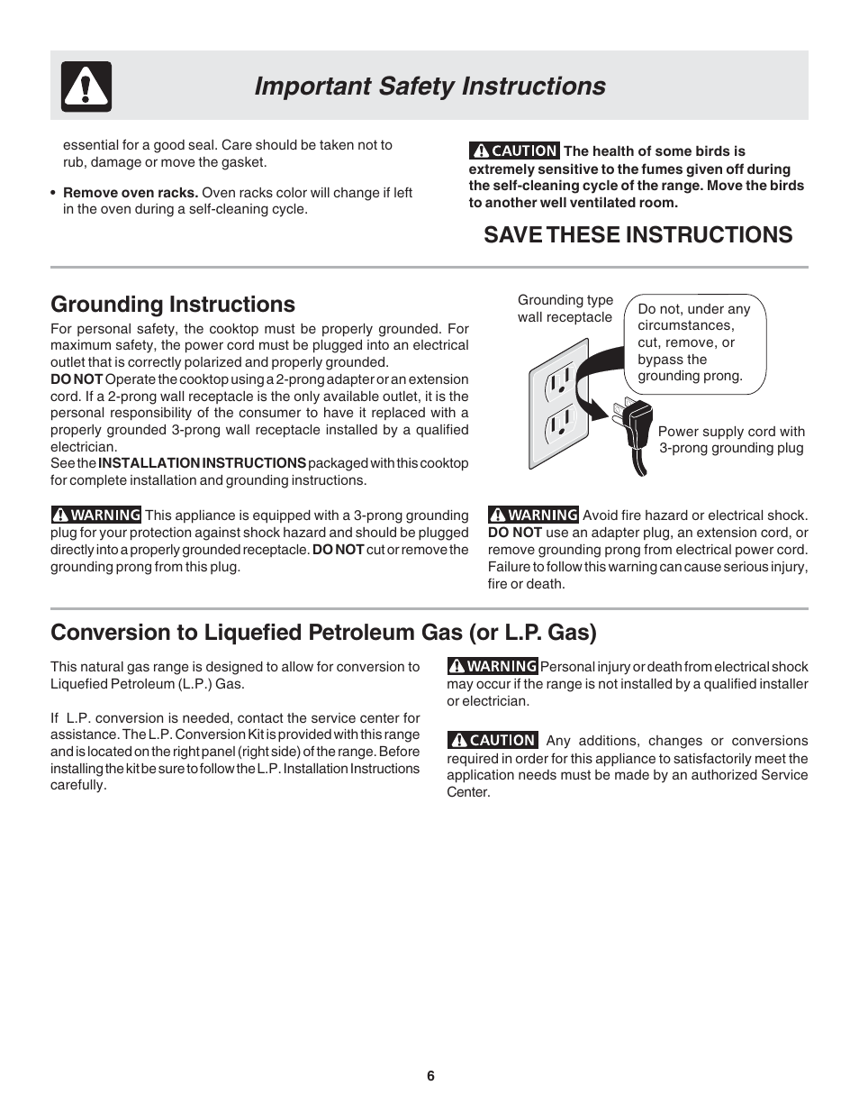 Important safety instructions, Save these instructions, Grounding instructions | FRIGIDAIRE 318203873 User Manual | Page 6 / 22