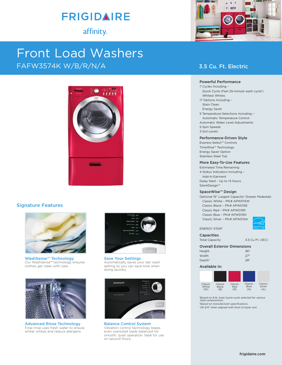 FRIGIDAIRE Affinity FAFW3574B User Manual | 2 pages