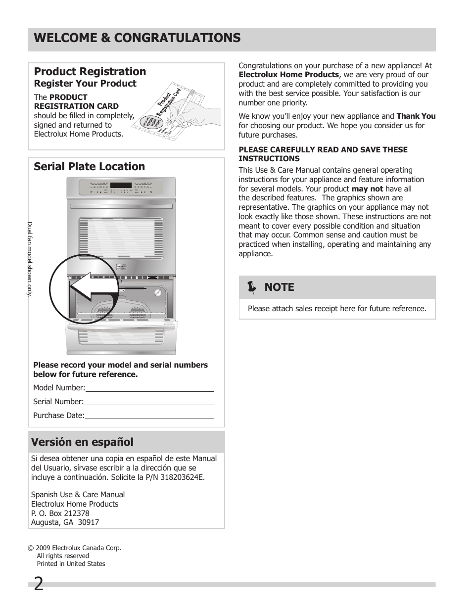 Product registration, Serial plate location, Versión en español | FRIGIDAIRE 318205307 User Manual | Page 2 / 28