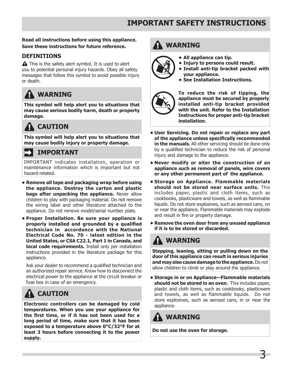 Important safety instructions, Warning, Important | Caution | FRIGIDAIRE 318205307 User Manual | Page 3 / 28