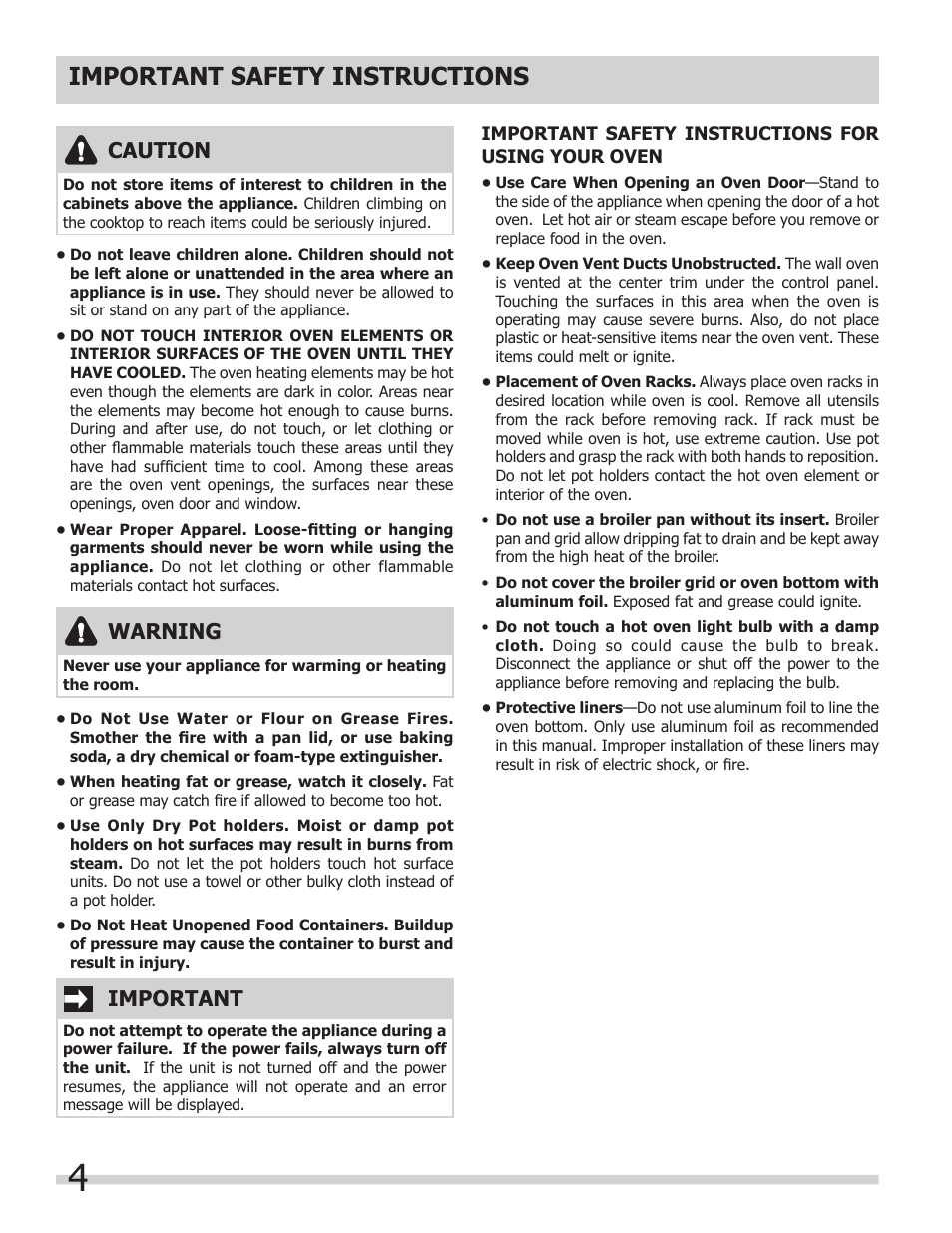 Important safety instructions, Caution, Warning | Important | FRIGIDAIRE 318205307 User Manual | Page 4 / 28