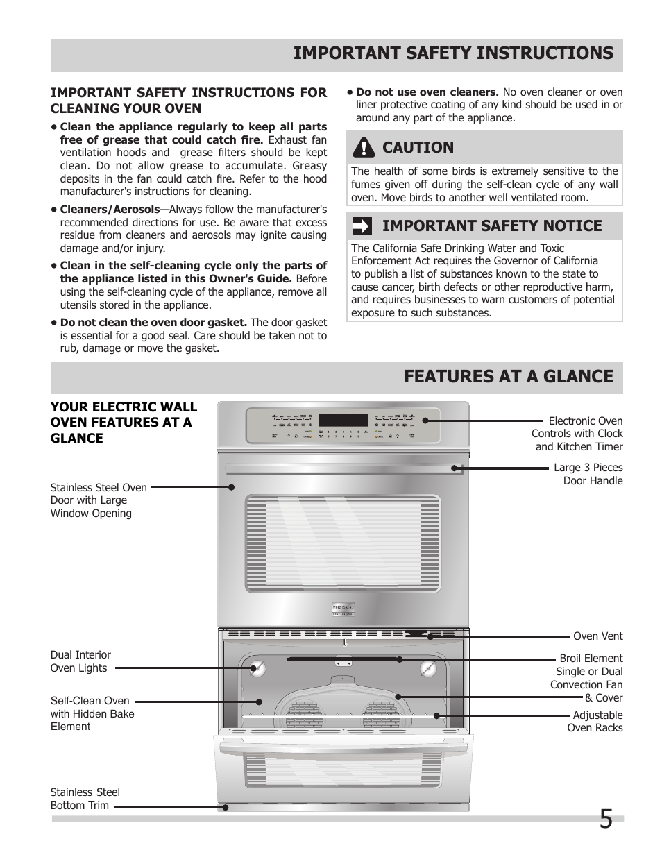 Important safety instructions features at a glance, Caution, Important safety notice | FRIGIDAIRE 318205307 User Manual | Page 5 / 28