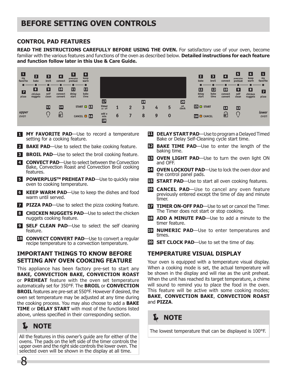 Before setting oven controls, Control pad features, Temperature visual display | FRIGIDAIRE 318205307 User Manual | Page 8 / 28