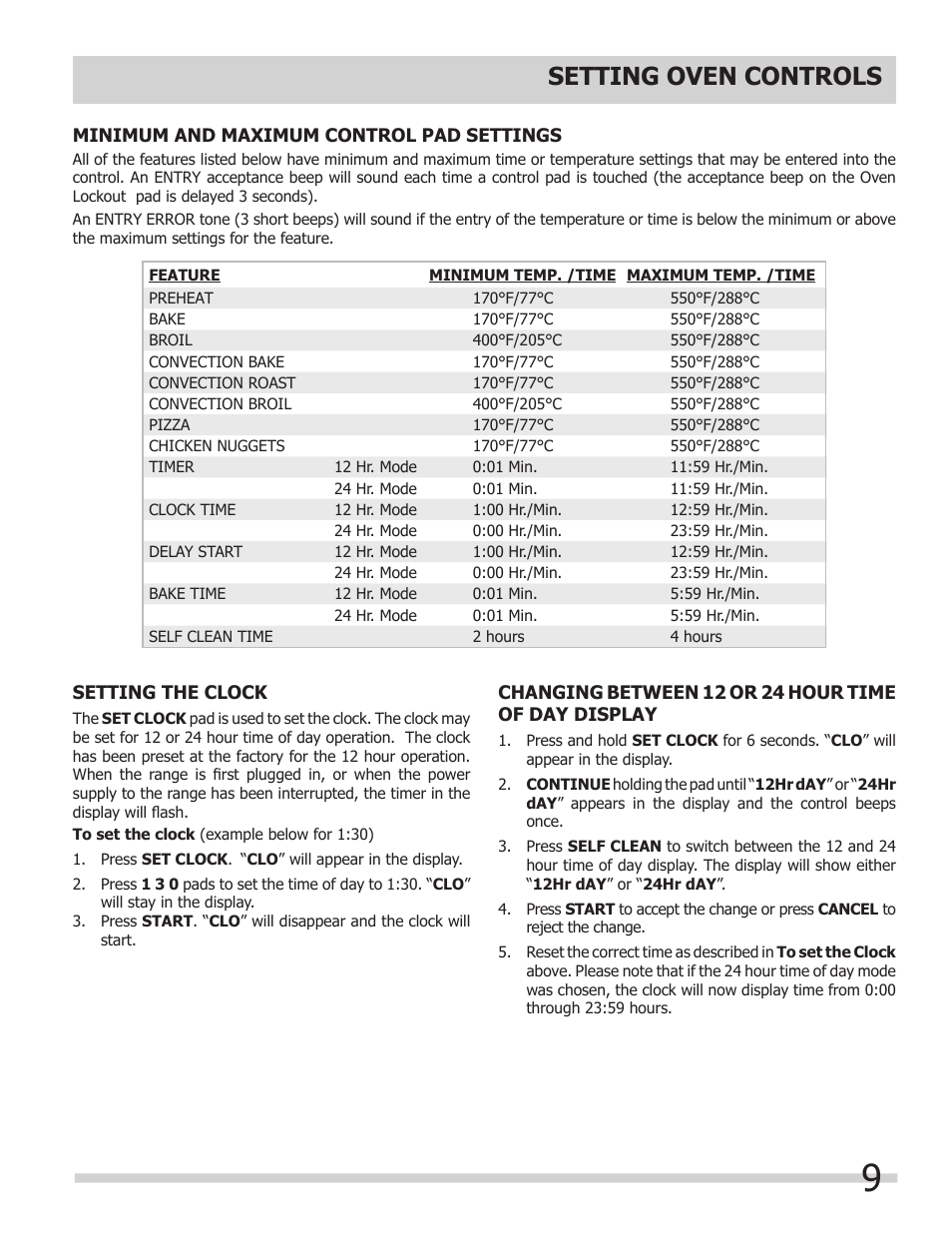 Setting oven controls | FRIGIDAIRE 318205307 User Manual | Page 9 / 28