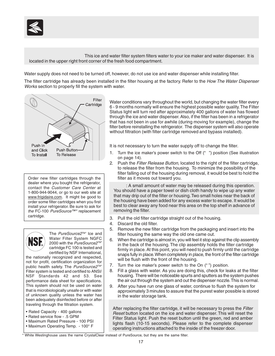 Automatic ice and water dispenser | FRIGIDAIRE 241553001 User Manual | Page 17 / 26