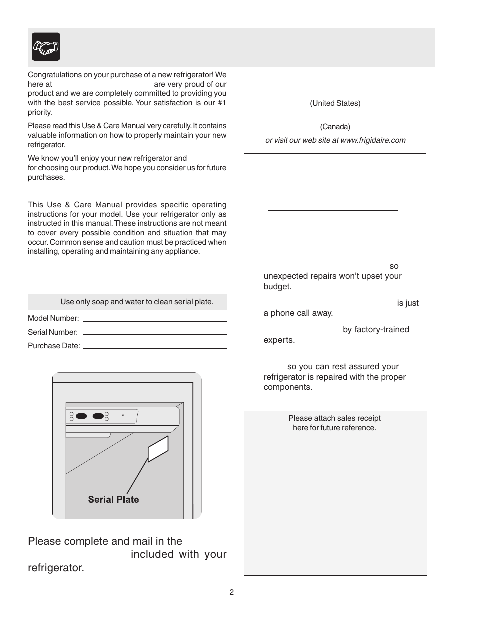 Extended service contract, Product registration card | FRIGIDAIRE 241553001 User Manual | Page 2 / 26