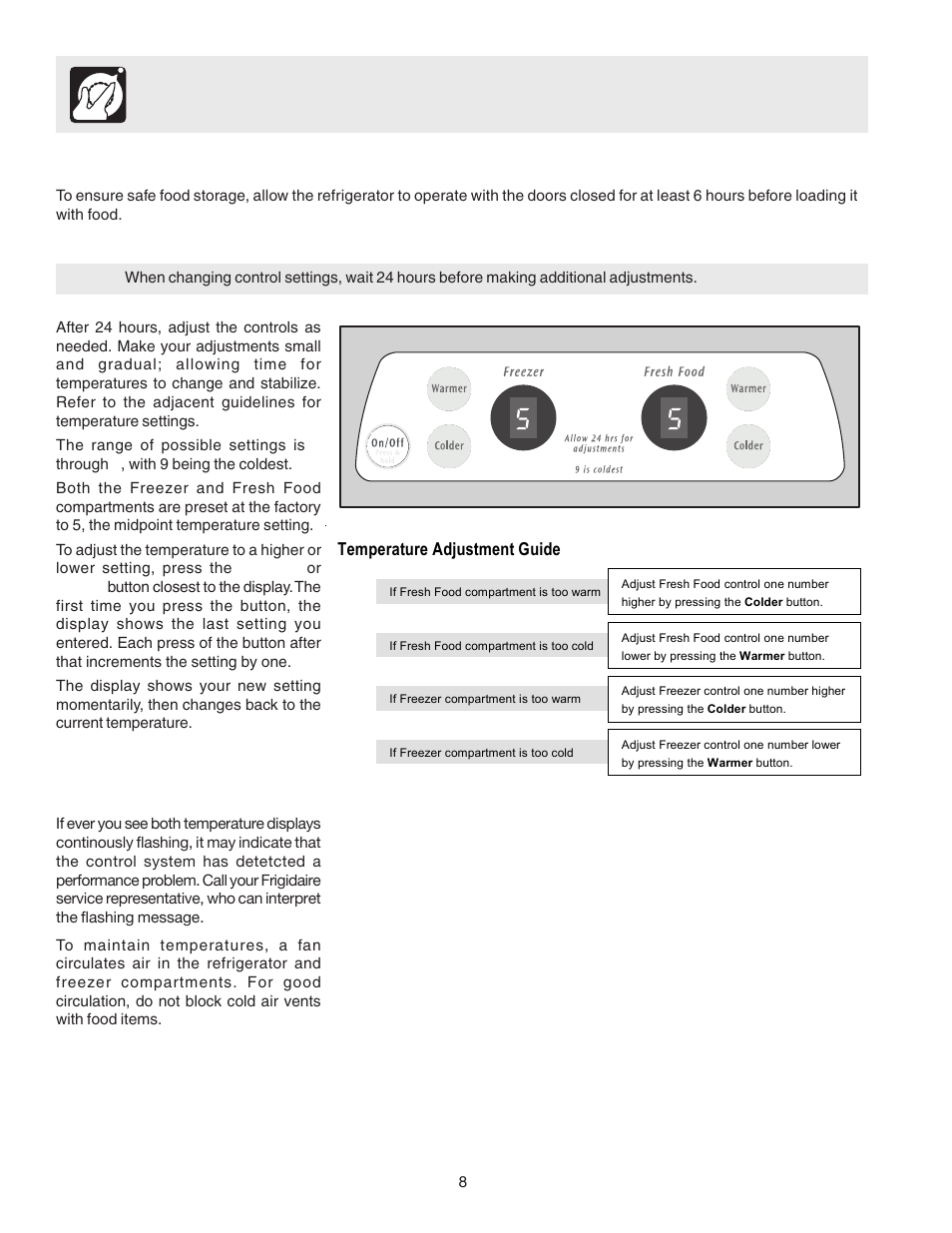 Temperature controls, Cool down period, Refrigerator & freezer controls | If the temperature displays flash, Temperature adjustment guide | FRIGIDAIRE 241553001 User Manual | Page 8 / 26
