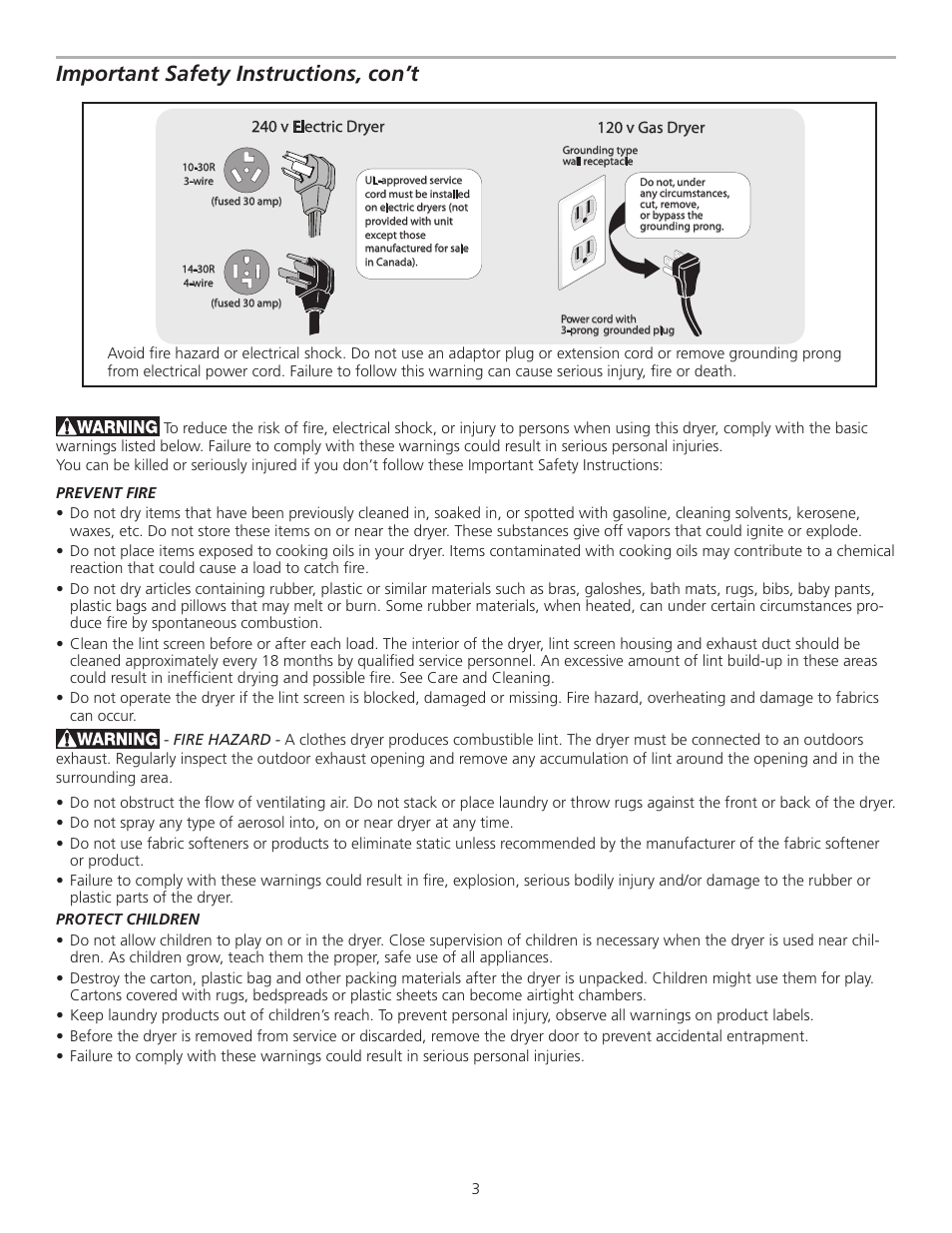 Important safety instructions, con’t | FRIGIDAIRE 137135200A User Manual | Page 3 / 9