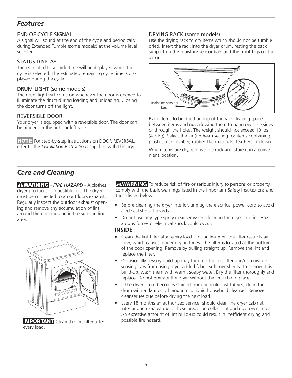 Features, Care and cleaning | FRIGIDAIRE 137135200A User Manual | Page 5 / 9