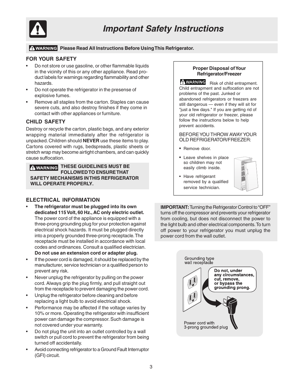 Important safety instructions | FRIGIDAIRE Single Door Refrigerator 297005500 User Manual | Page 3 / 13