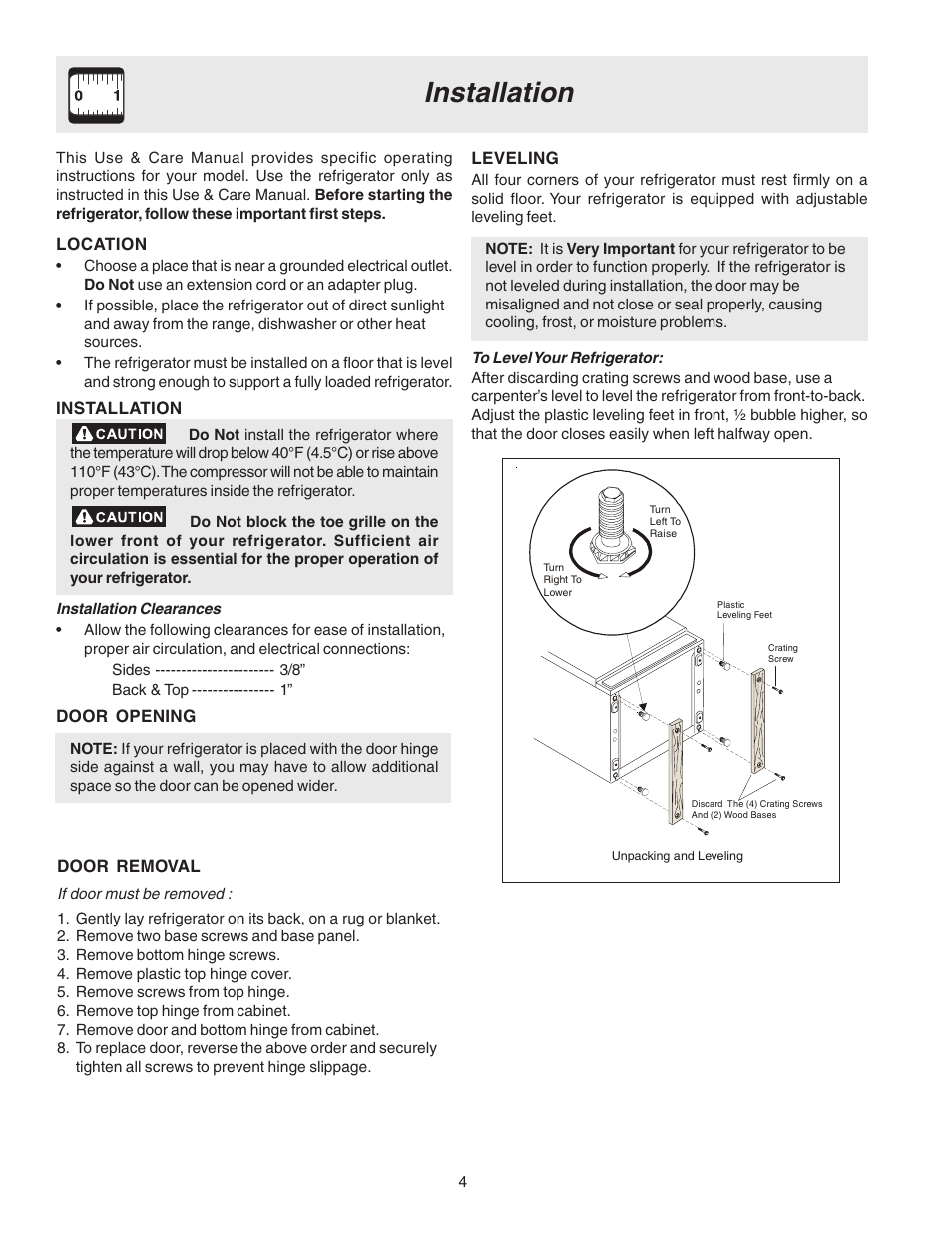 Installation | FRIGIDAIRE Single Door Refrigerator 297005500 User Manual | Page 4 / 13